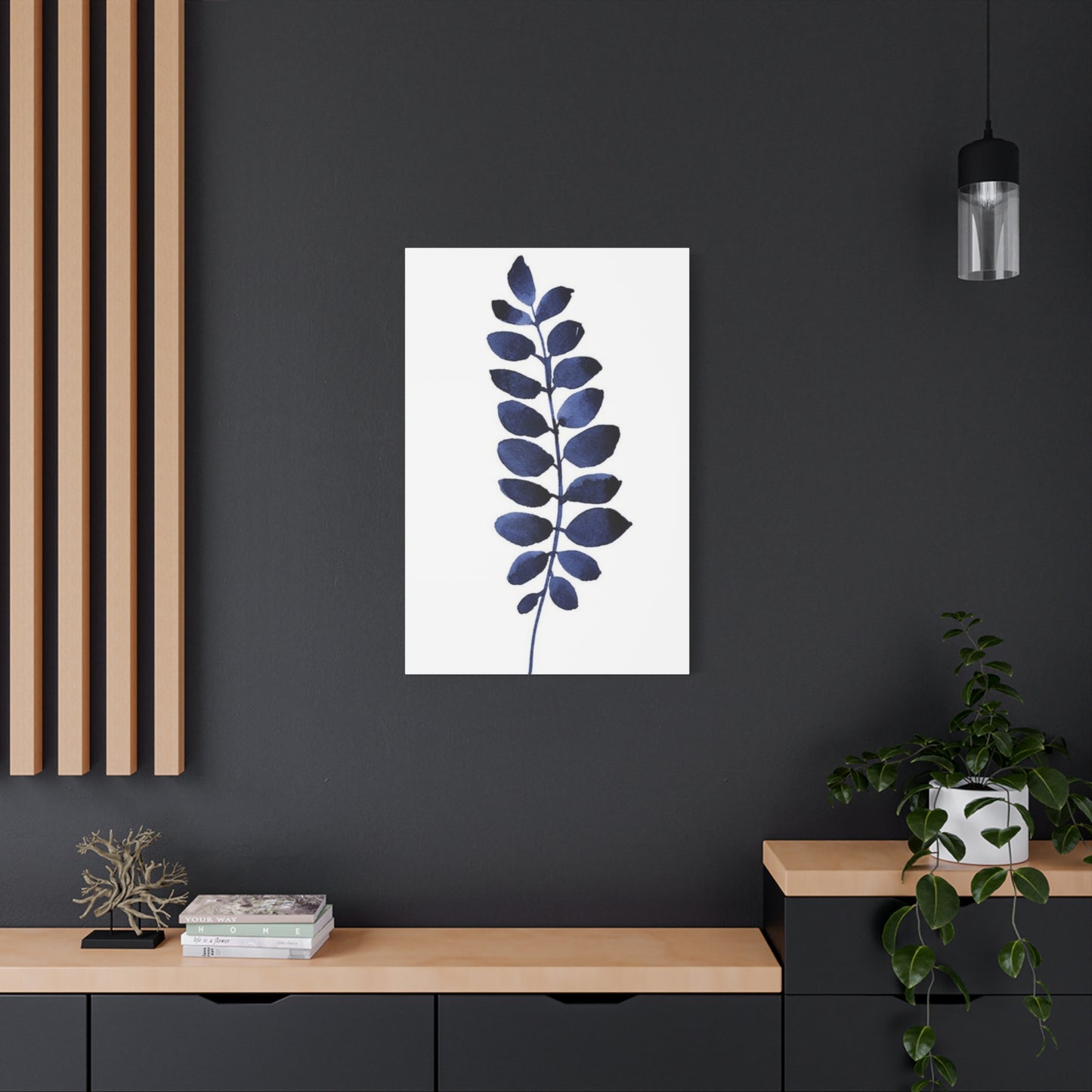 Navy Blue Plant Leaves Wall Art & Canvas Prints