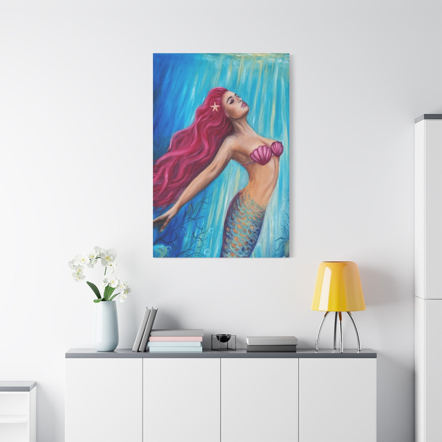 A Mermaid With Pink Hair Swimming In The Ocean Wall Art & Canvas Prints