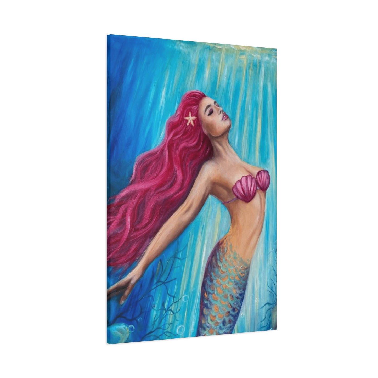 A Mermaid With Pink Hair Swimming In The Ocean Wall Art & Canvas Prints