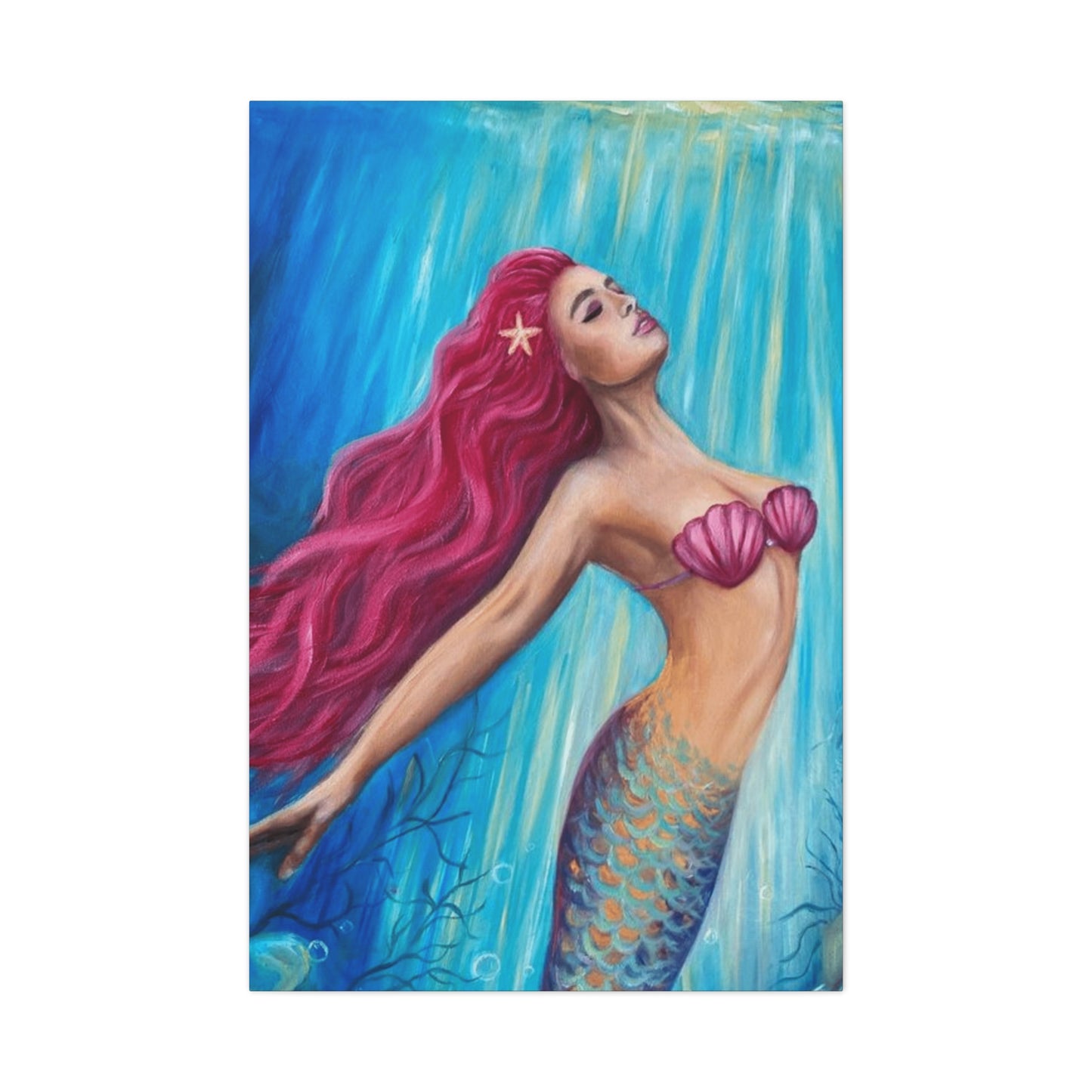 A Mermaid With Pink Hair Swimming In The Ocean Wall Art & Canvas Prints