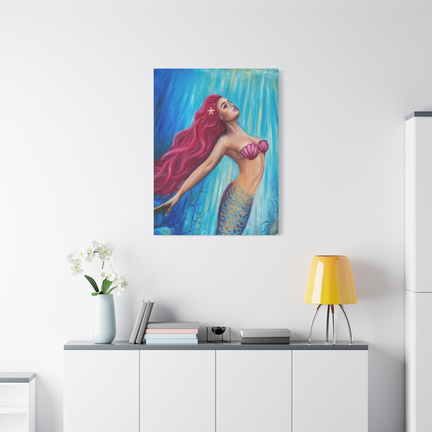 A Mermaid With Pink Hair Swimming In The Ocean Wall Art & Canvas Prints