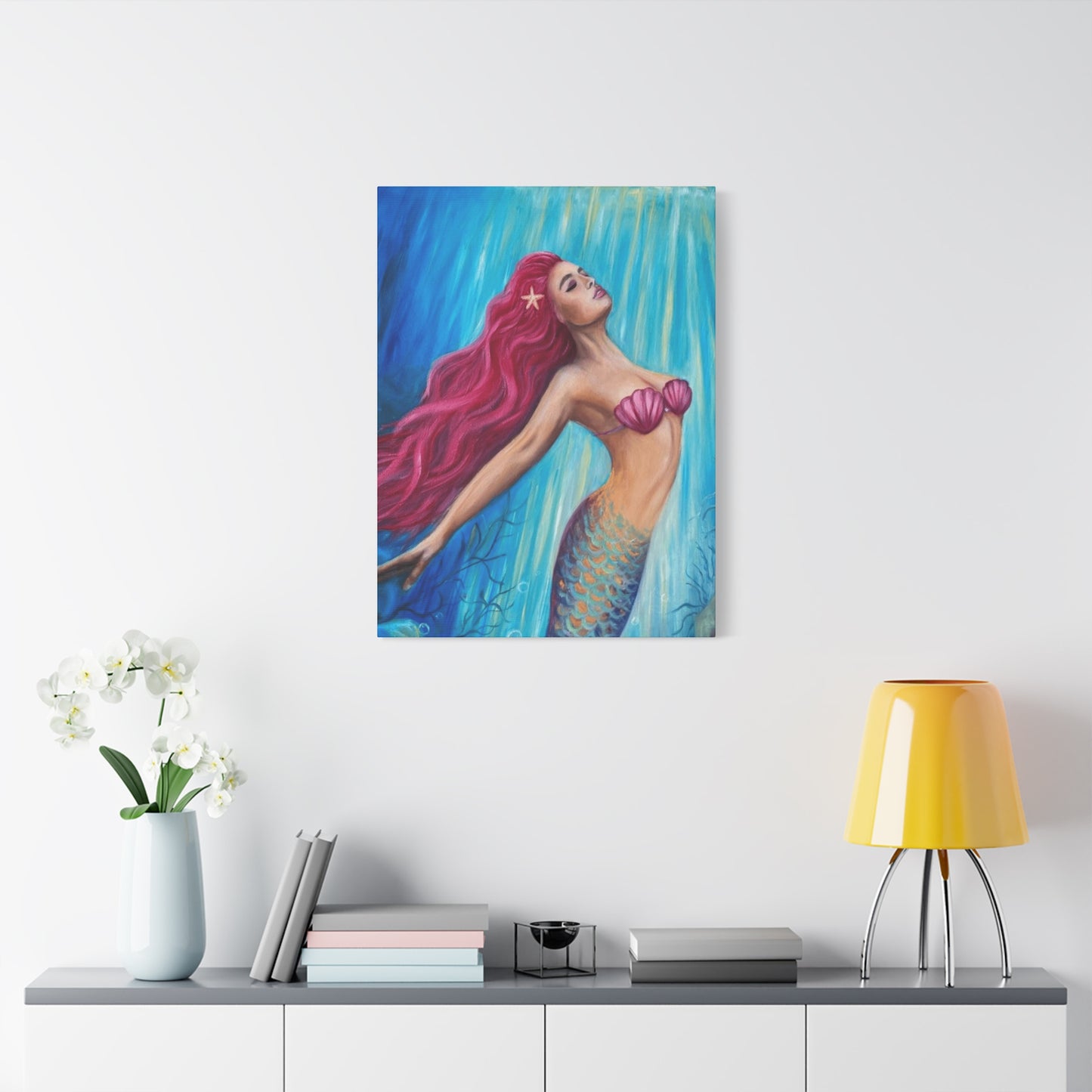 A Mermaid With Pink Hair Swimming In The Ocean Wall Art & Canvas Prints