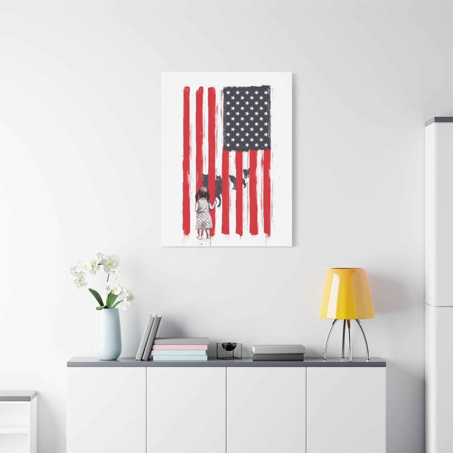 Little Girl Protected by American Flag Wall Art & Canvas Prints