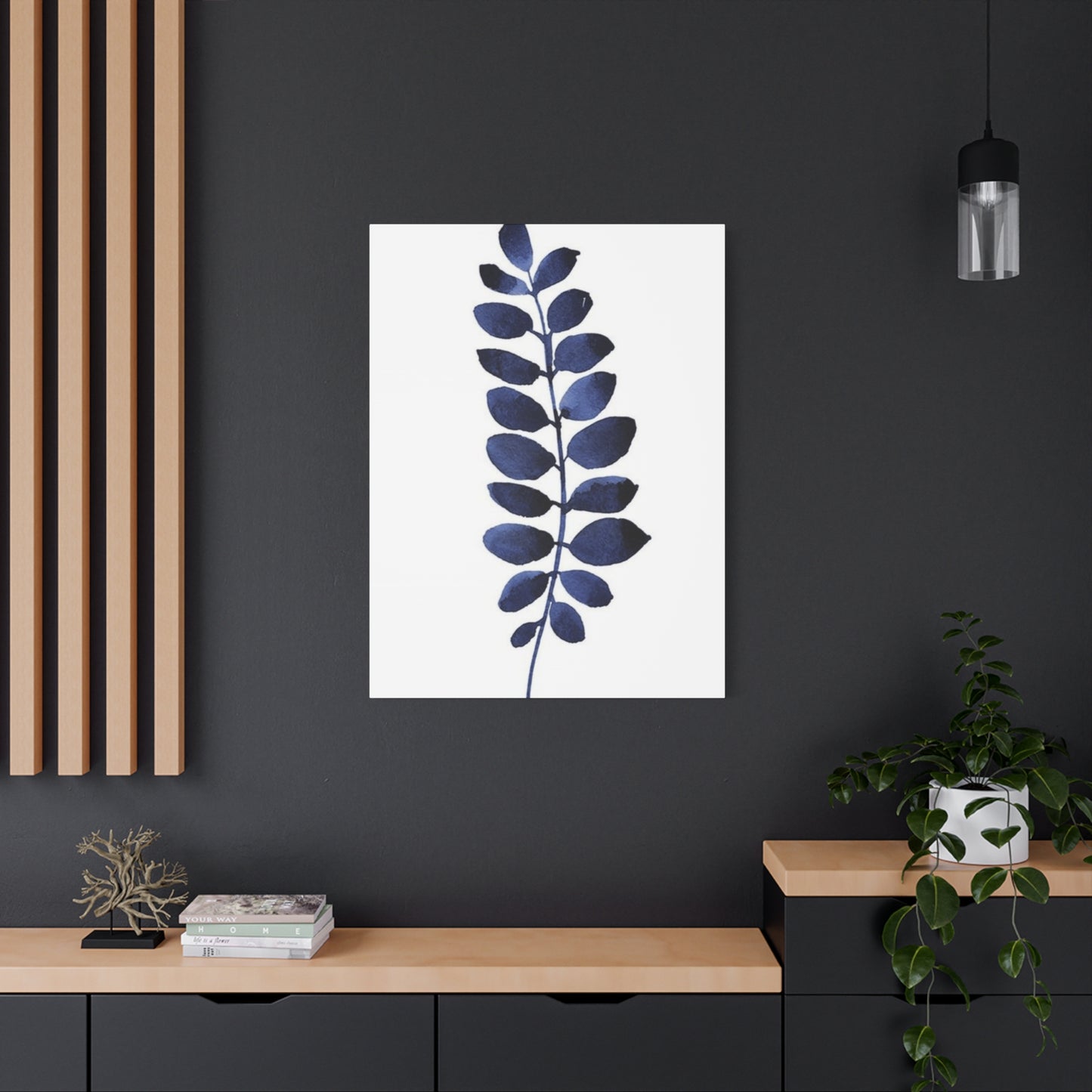 Navy Blue Plant Leaves Wall Art & Canvas Prints