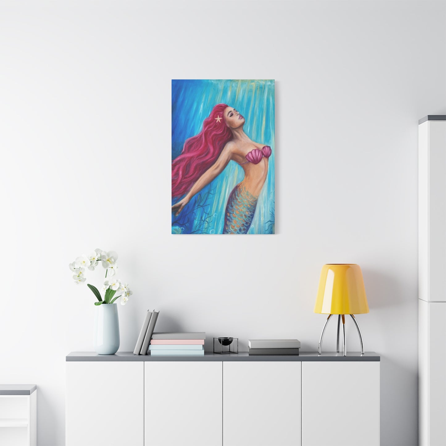 A Mermaid With Pink Hair Swimming In The Ocean Wall Art & Canvas Prints