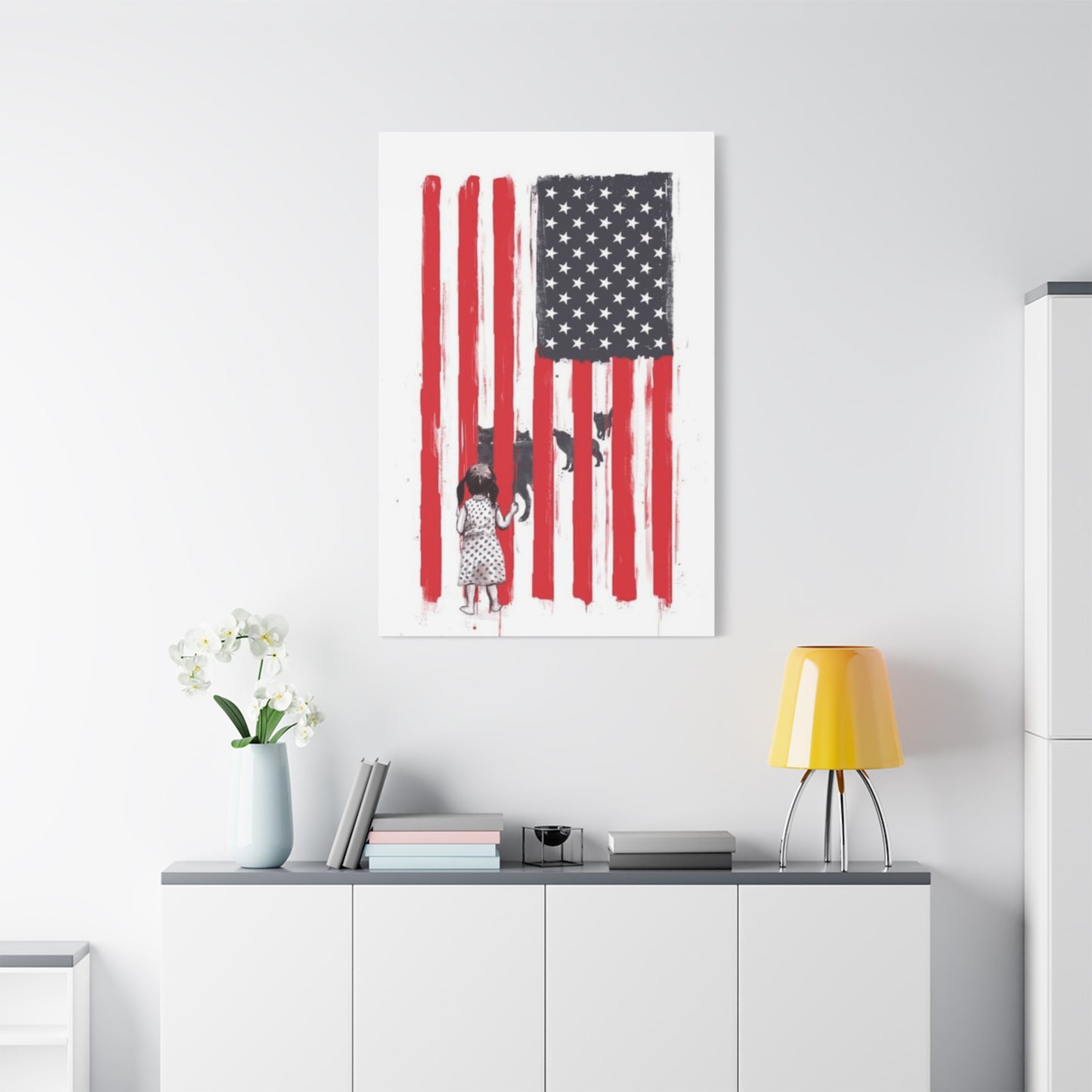 Little Girl Protected by American Flag Wall Art & Canvas Prints