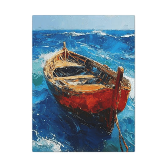 A Red Boat In The Ocean Wall Art & Canvas Prints