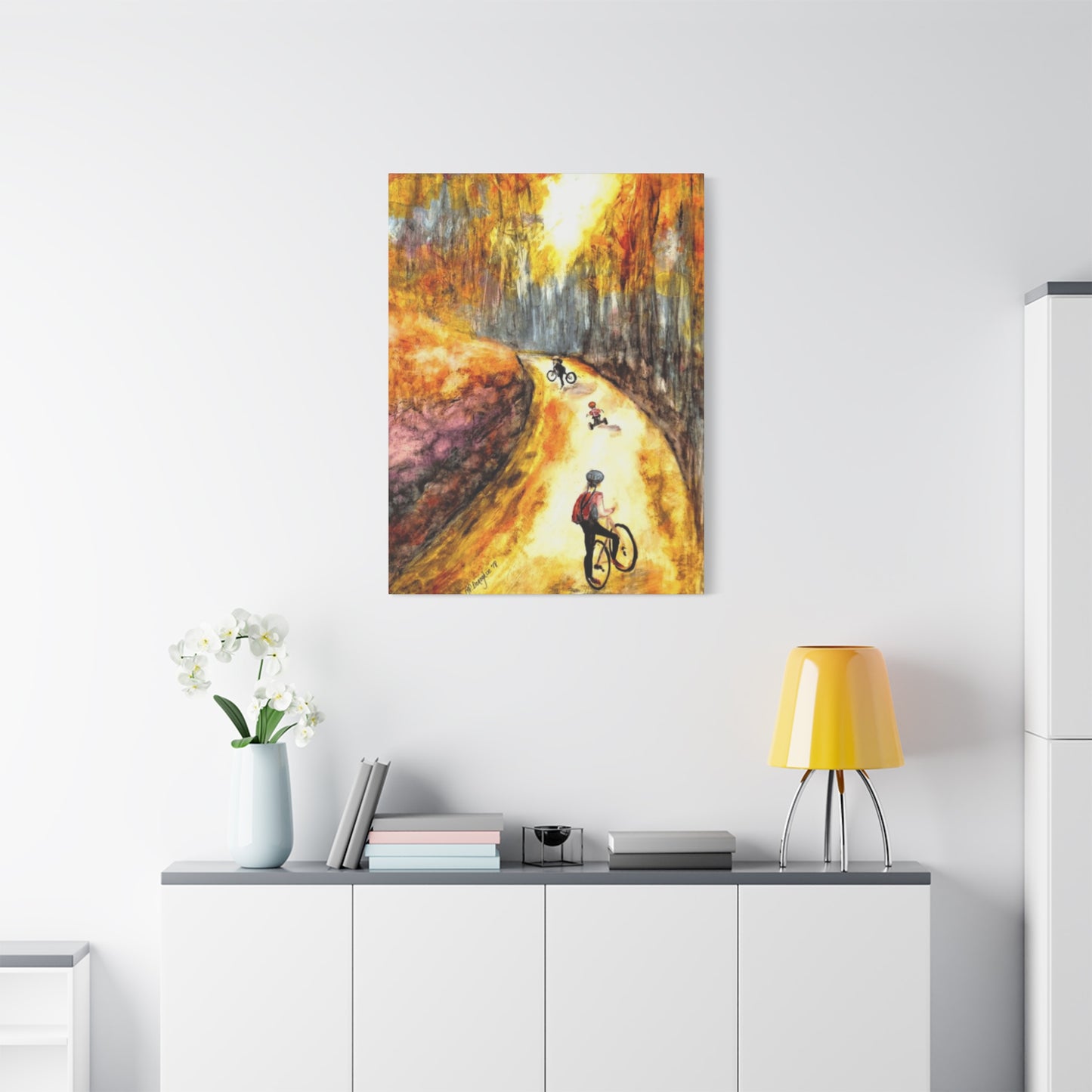 Kids Riding Bicycle in Autum Wall Art & Canvas Prints