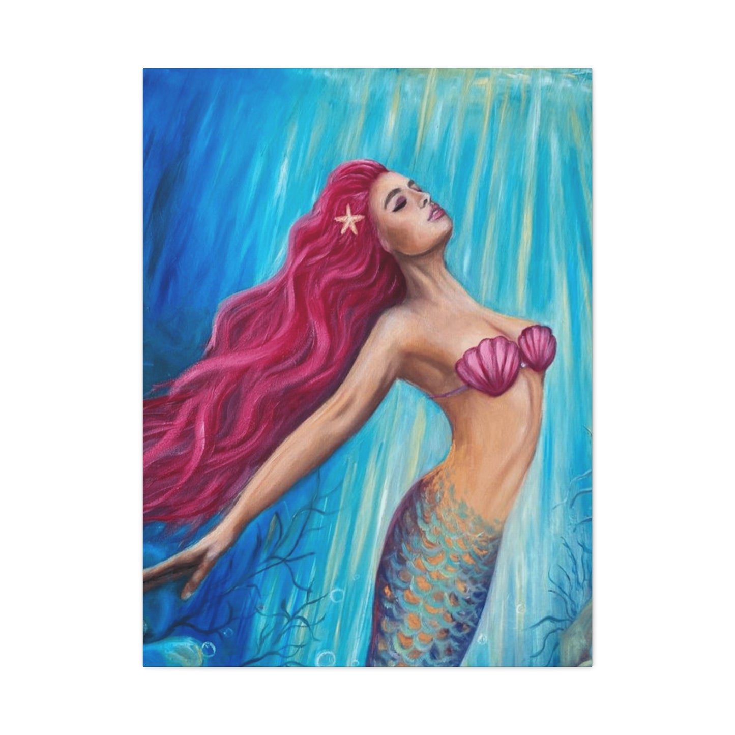 A Mermaid With Pink Hair Swimming In The Ocean Wall Art & Canvas Prints