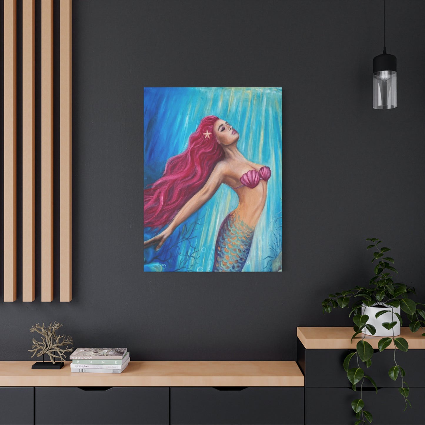 A Mermaid With Pink Hair Swimming In The Ocean Wall Art & Canvas Prints