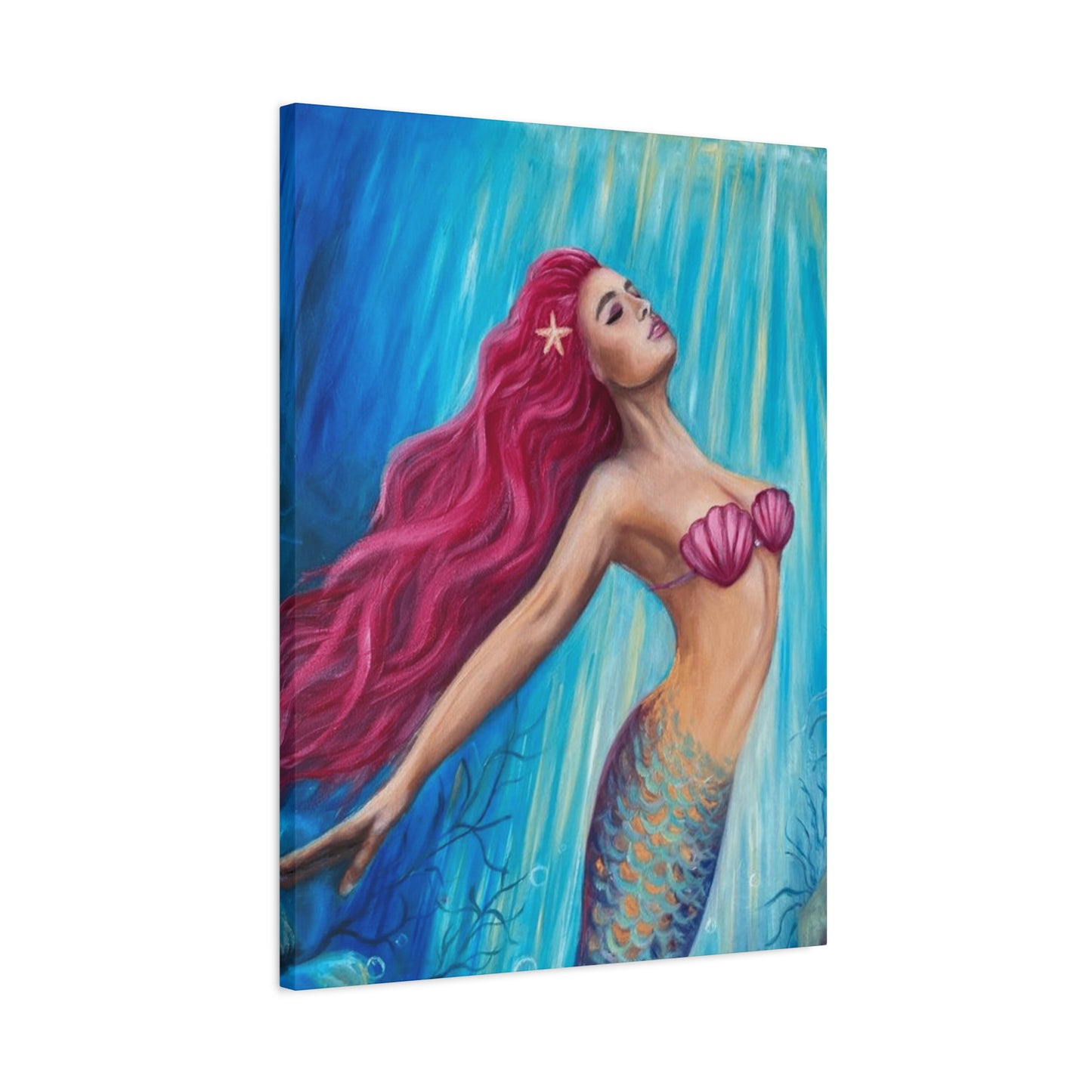 A Mermaid With Pink Hair Swimming In The Ocean Wall Art & Canvas Prints