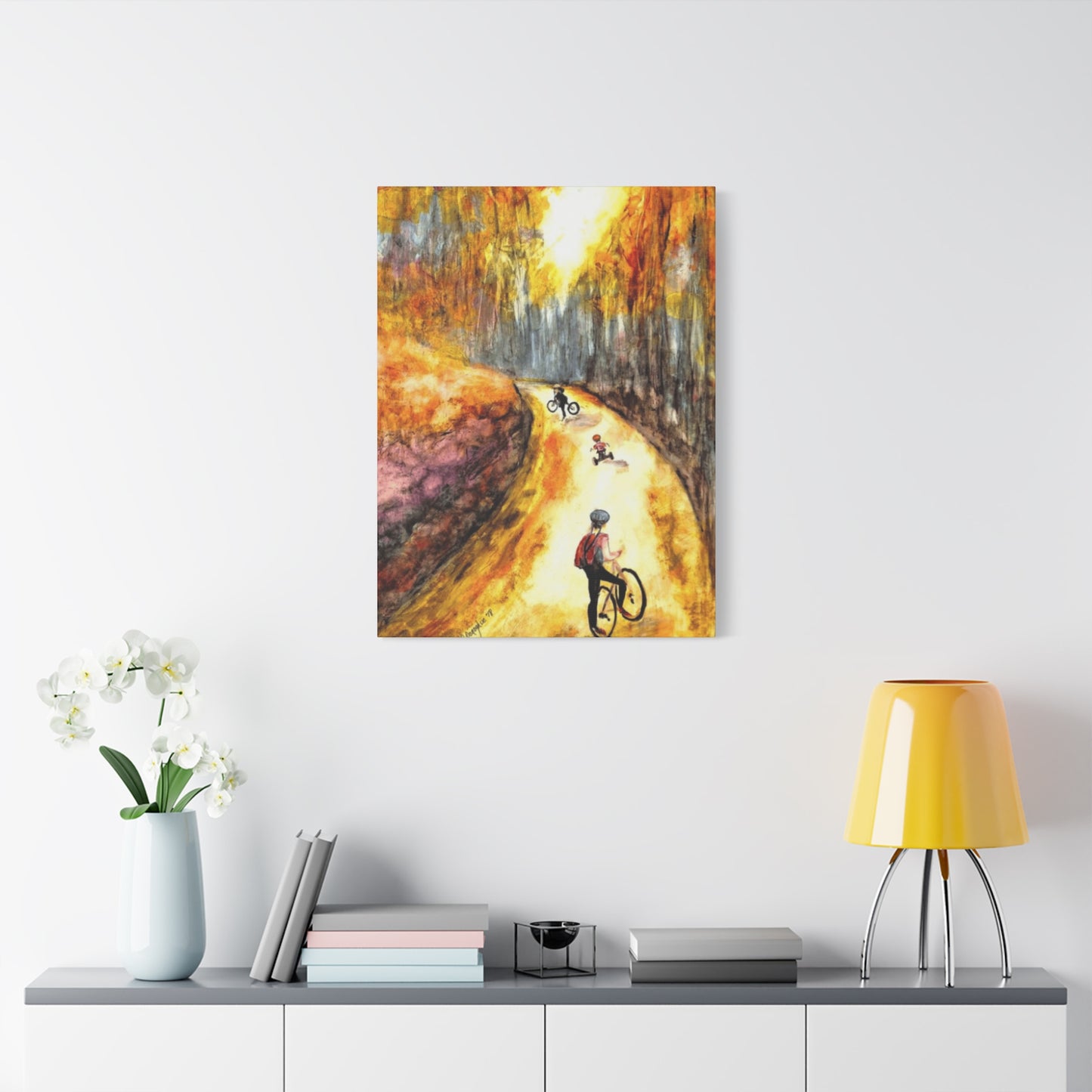 Kids Riding Bicycle in Autum Wall Art & Canvas Prints