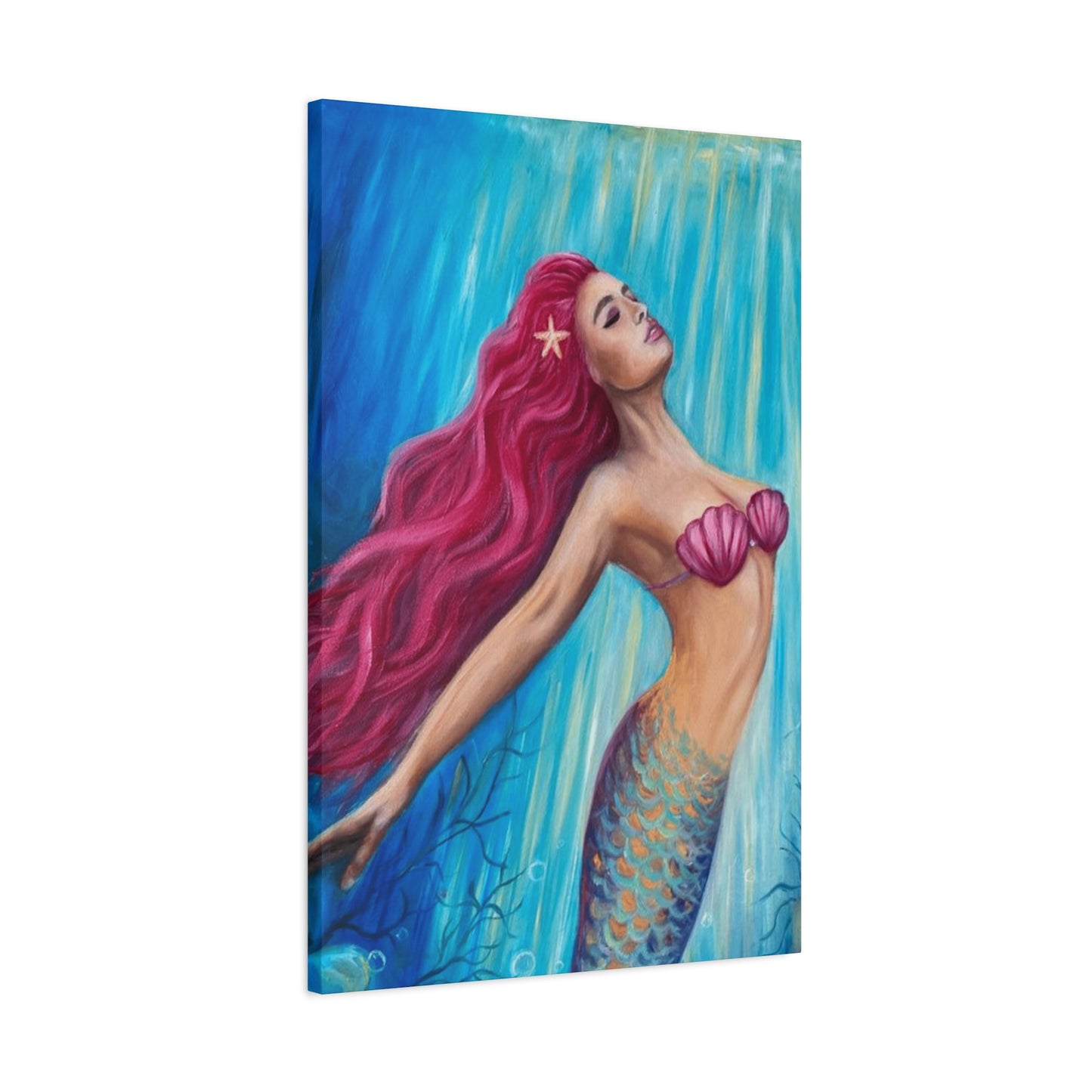 A Mermaid With Pink Hair Swimming In The Ocean Wall Art & Canvas Prints