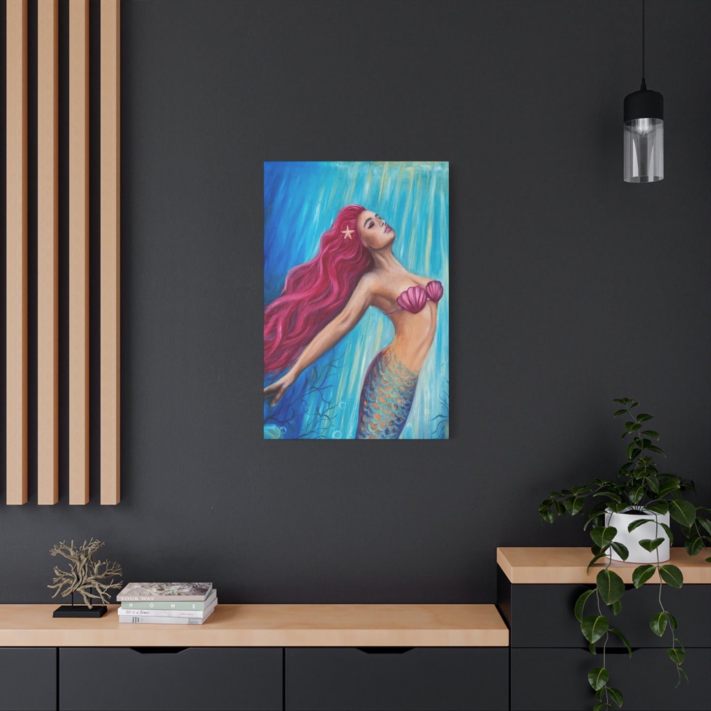 A Mermaid With Pink Hair Swimming In The Ocean Wall Art & Canvas Prints