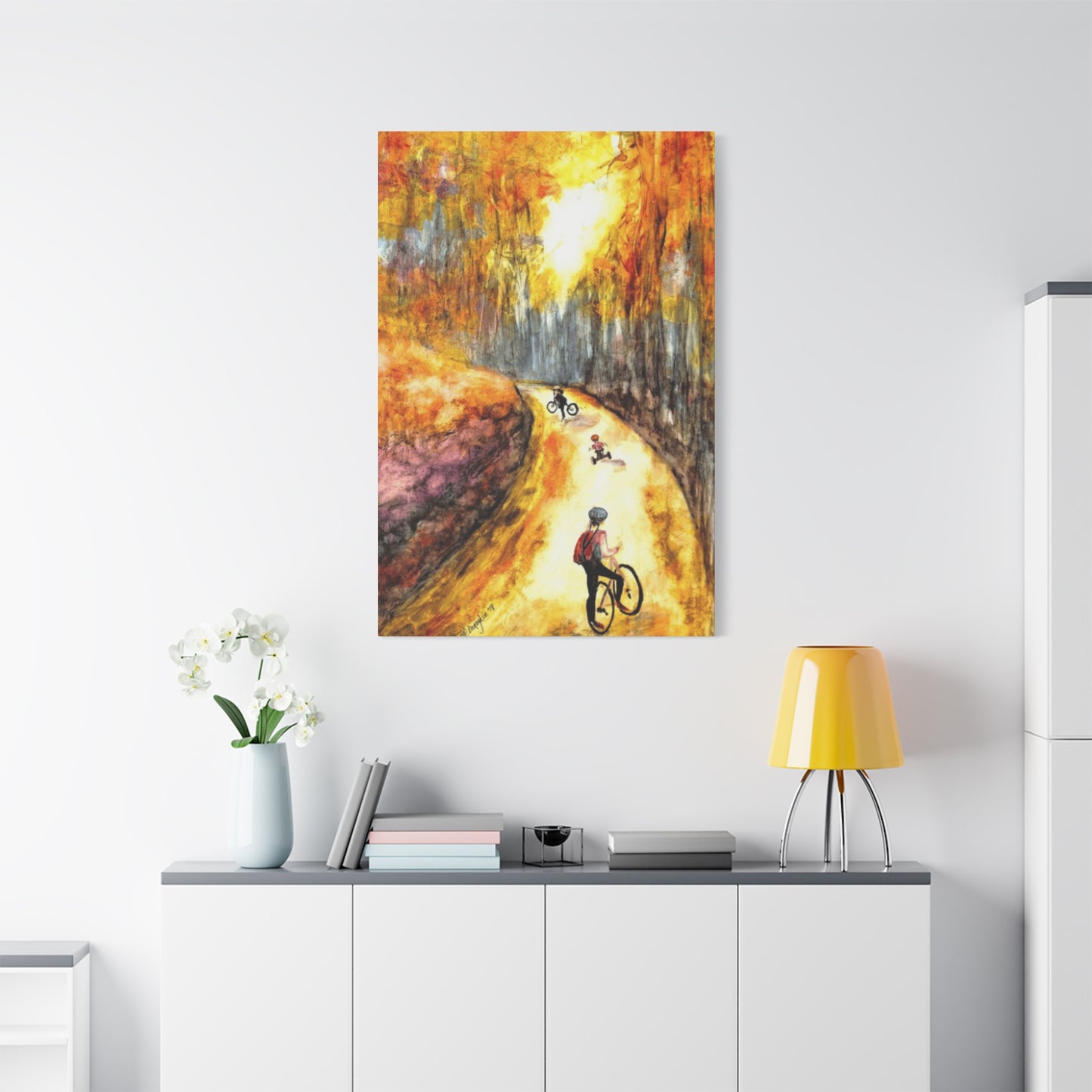 Kids Riding Bicycle in Autum Wall Art & Canvas Prints