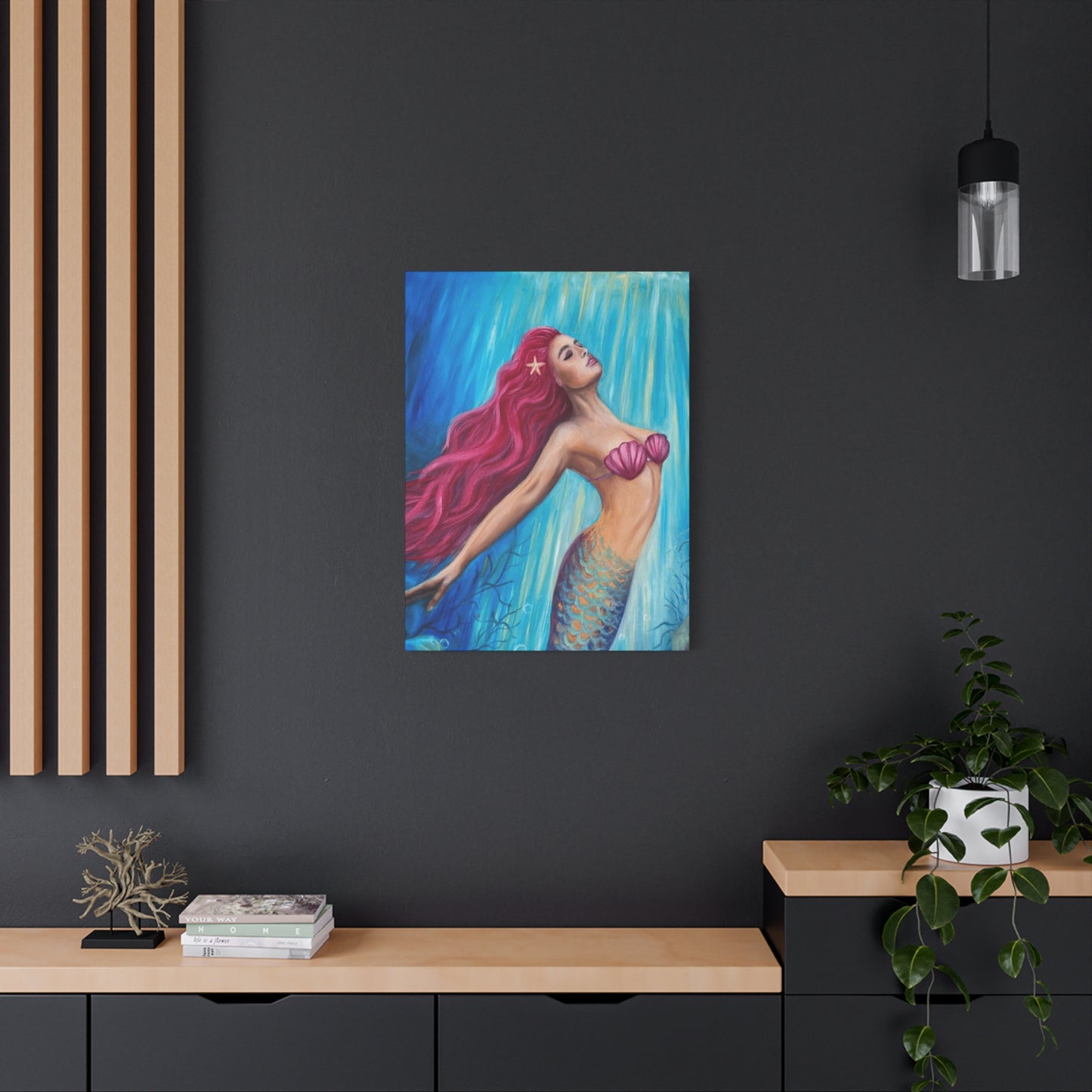 A Mermaid With Pink Hair Swimming In The Ocean Wall Art & Canvas Prints