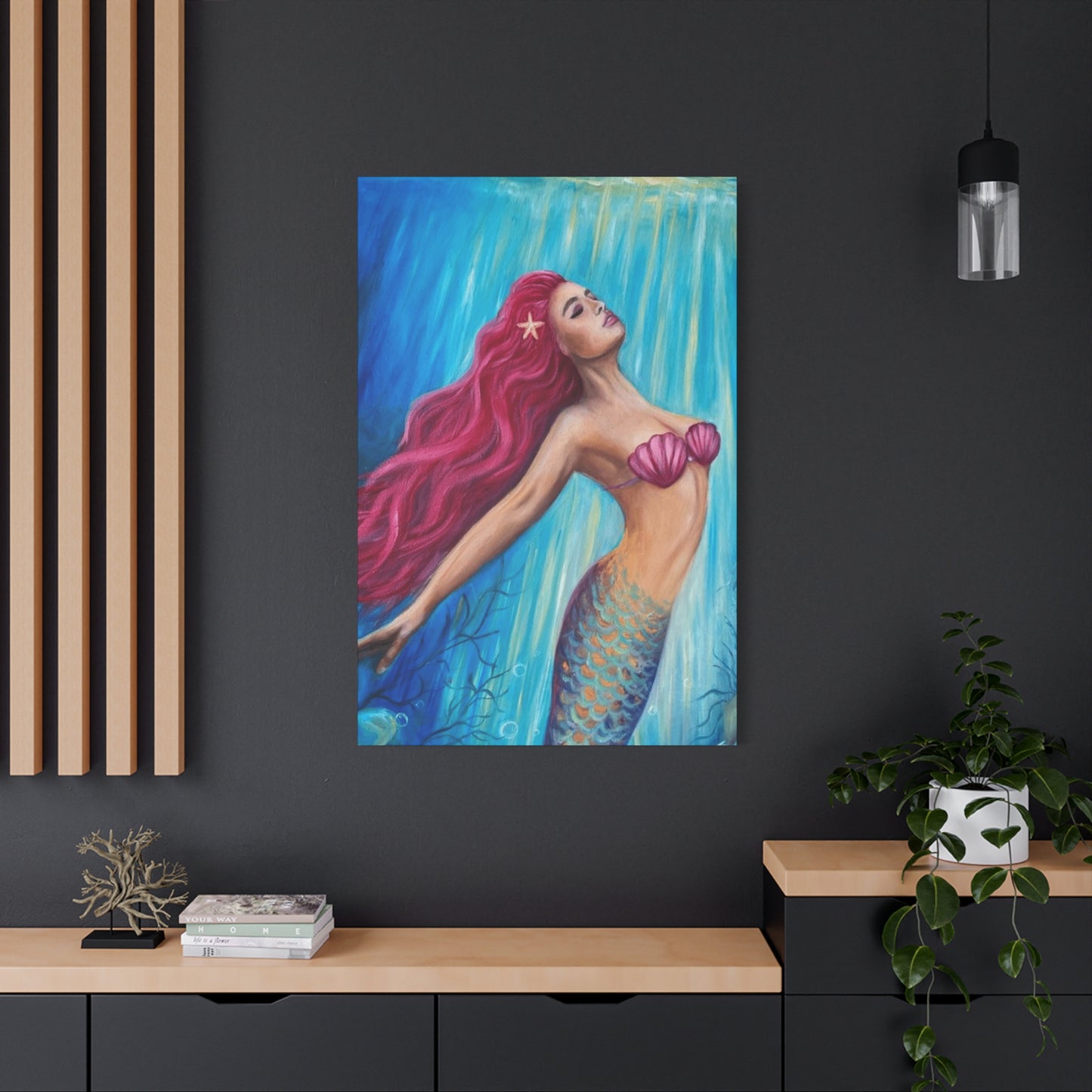 A Mermaid With Pink Hair Swimming In The Ocean Wall Art & Canvas Prints