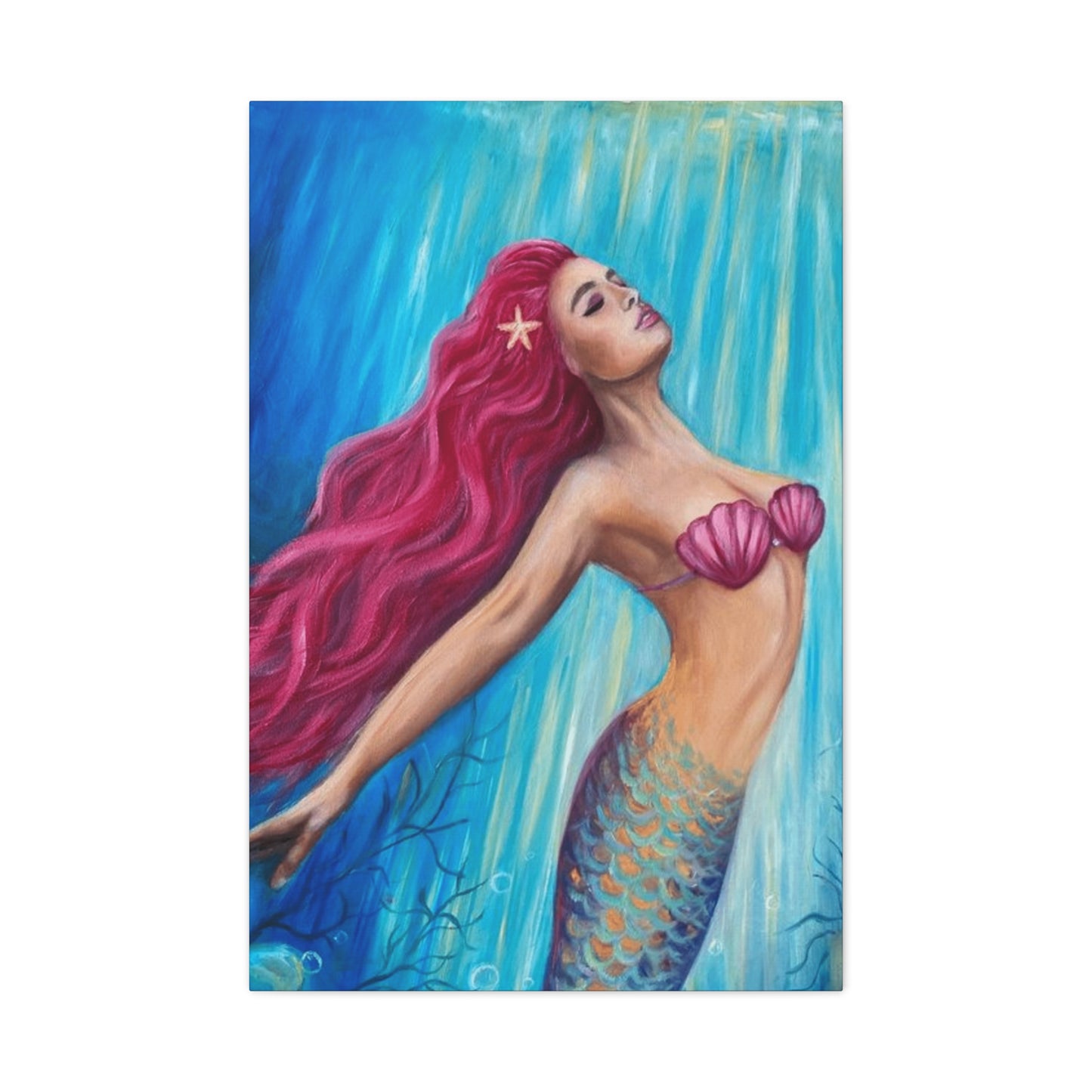 A Mermaid With Pink Hair Swimming In The Ocean Wall Art & Canvas Prints