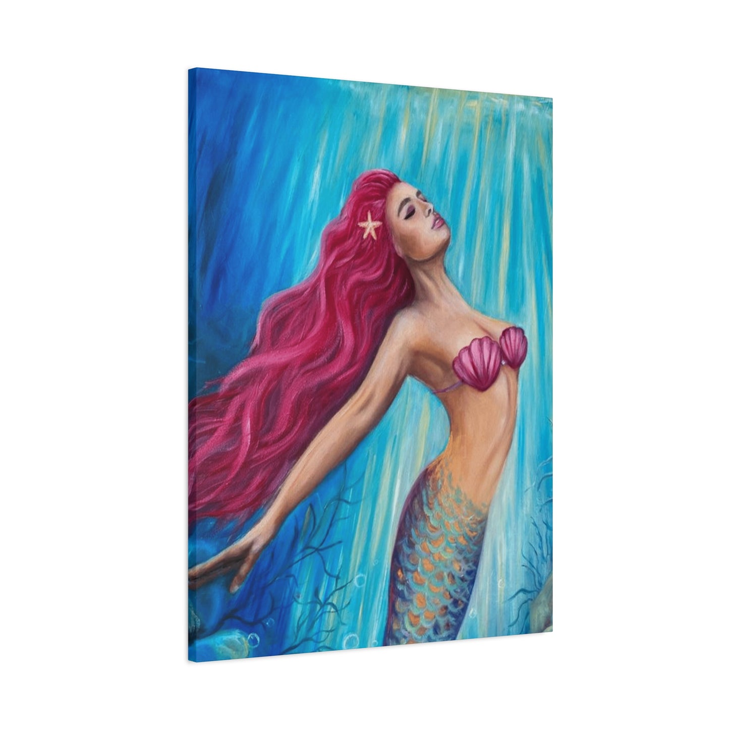 A Mermaid With Pink Hair Swimming In The Ocean Wall Art & Canvas Prints