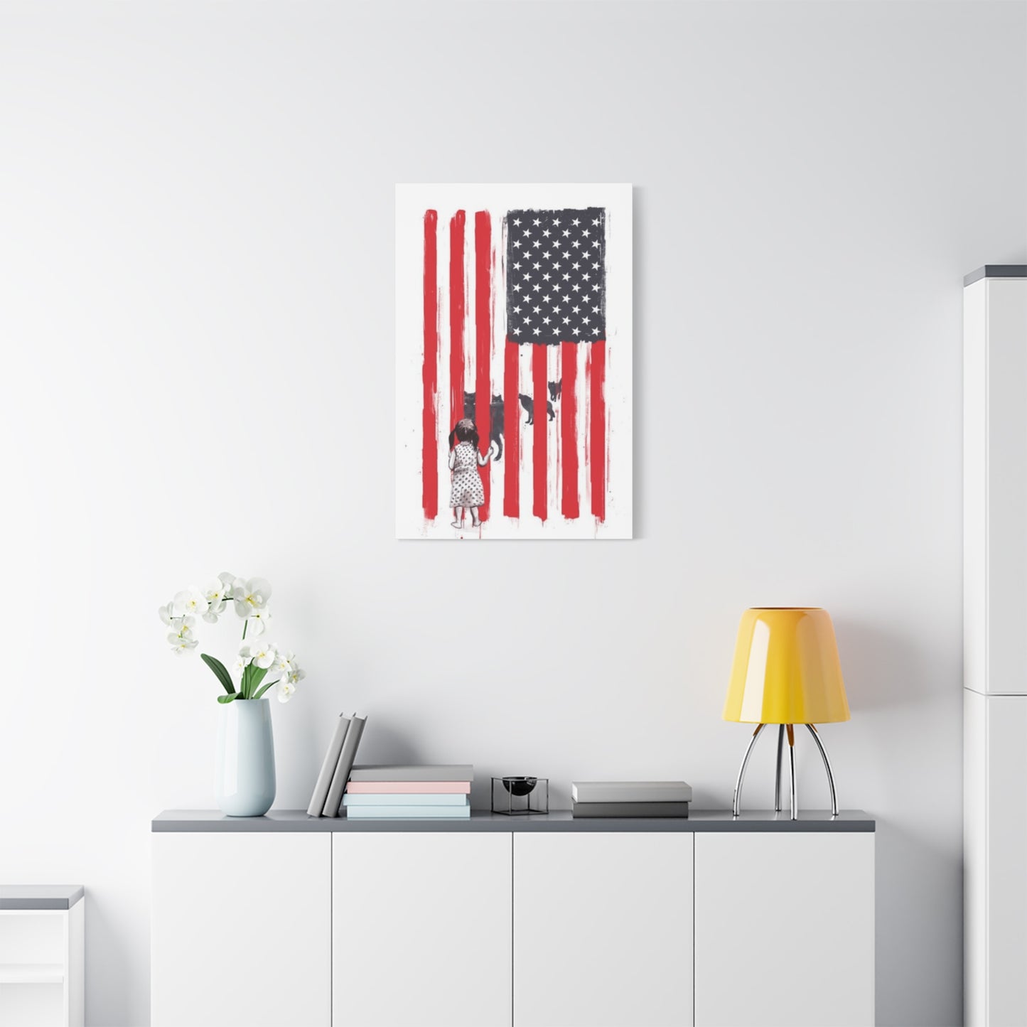 Little Girl Protected by American Flag Wall Art & Canvas Prints